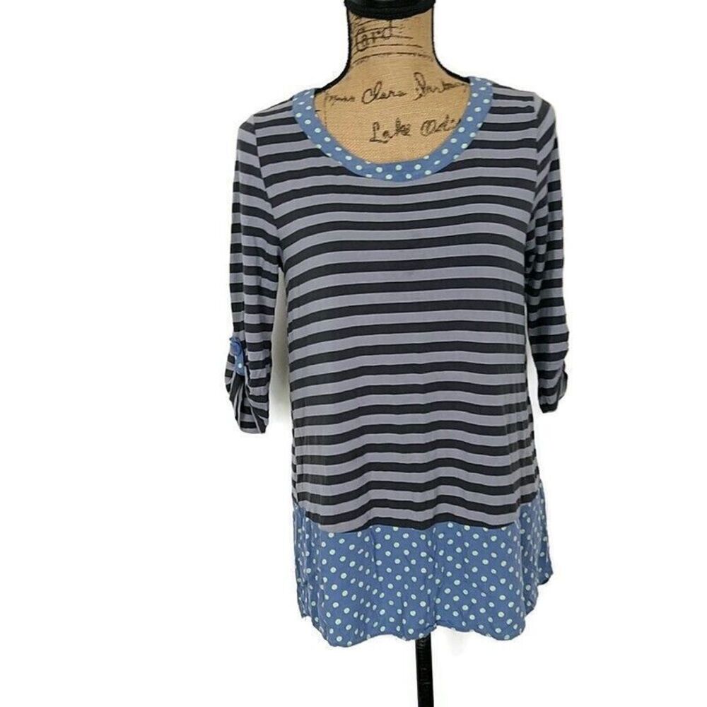 Matilda Jane Womens‎ sz S Top Gray Striped Blue Polka Dot 3/4 Sleeve